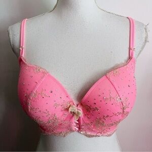 Victorias Secret • Bright Pink Lace Rhinestone Padded Demi Bra